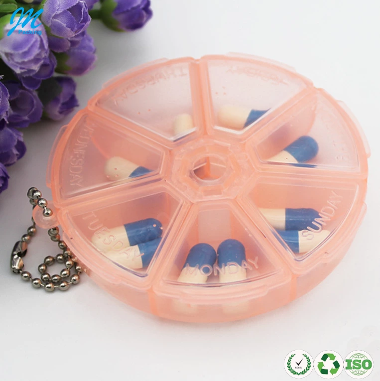 Wholesale beautiful original colorful 7 days round portable travel plastic pill box