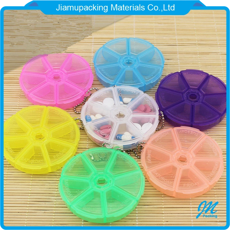 Wholesale beautiful original colorful 7 days round portable travel plastic pill box