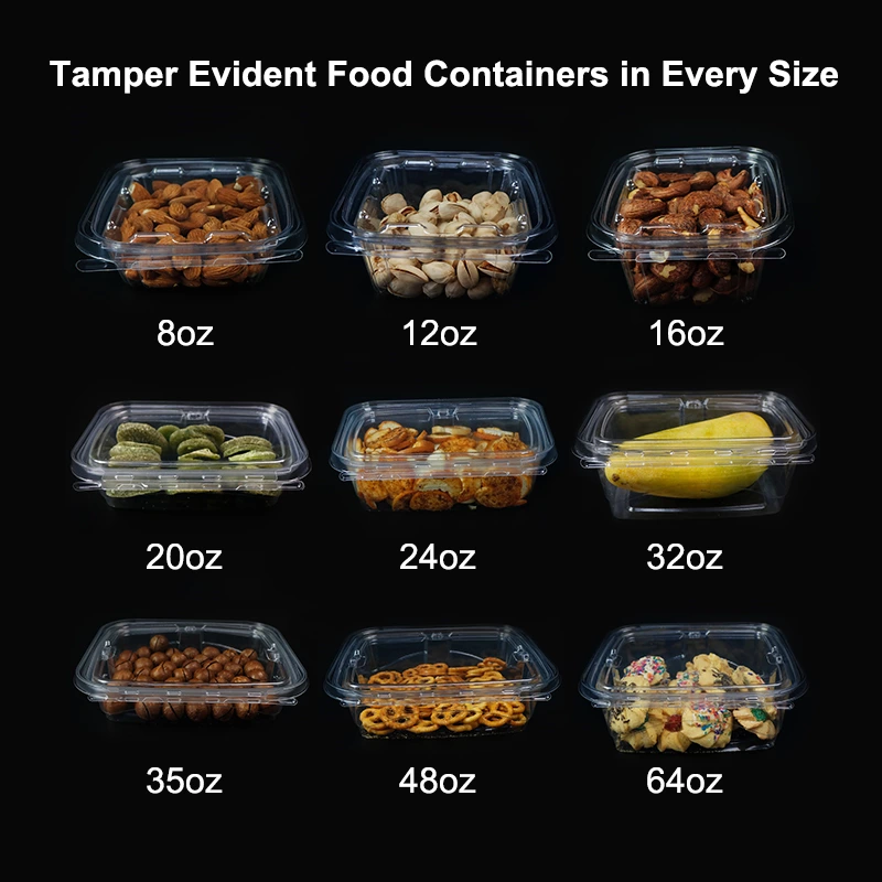 8 12 16 20 24 32 35 48 64OZ Tamper-Evident Square Hinged Container with Flat Lid