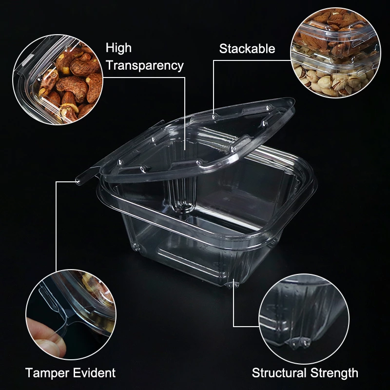 8 12 16 20 24 32 35 48 64OZ Tamper-Evident Square Hinged Container with Flat Lid