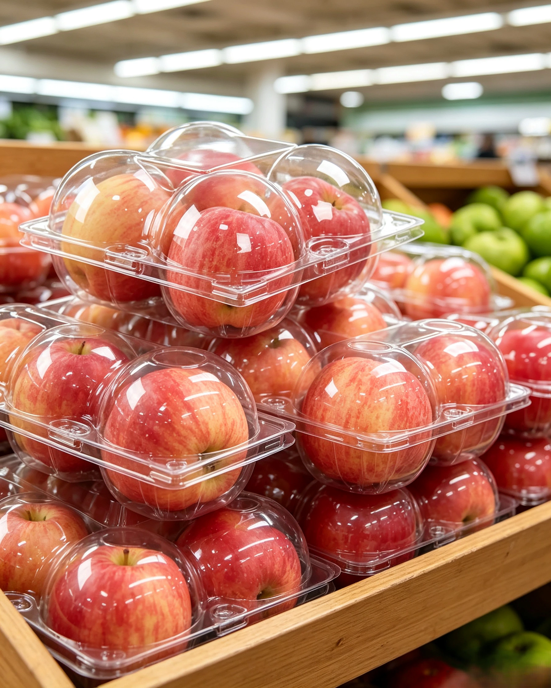 Apple clamshell container displayed in grocery store