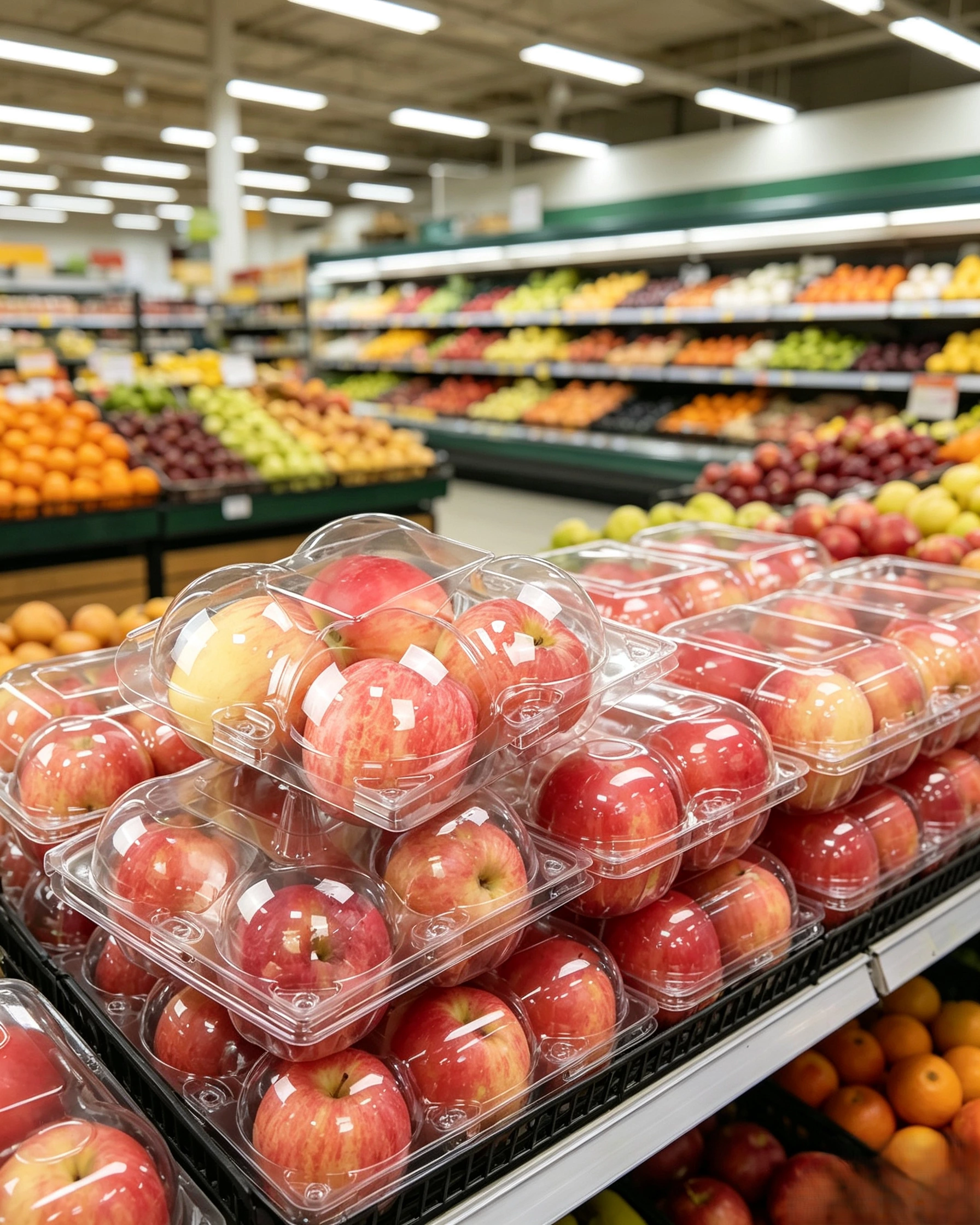 Apple clamshell boxes stocked on supermarket shelf