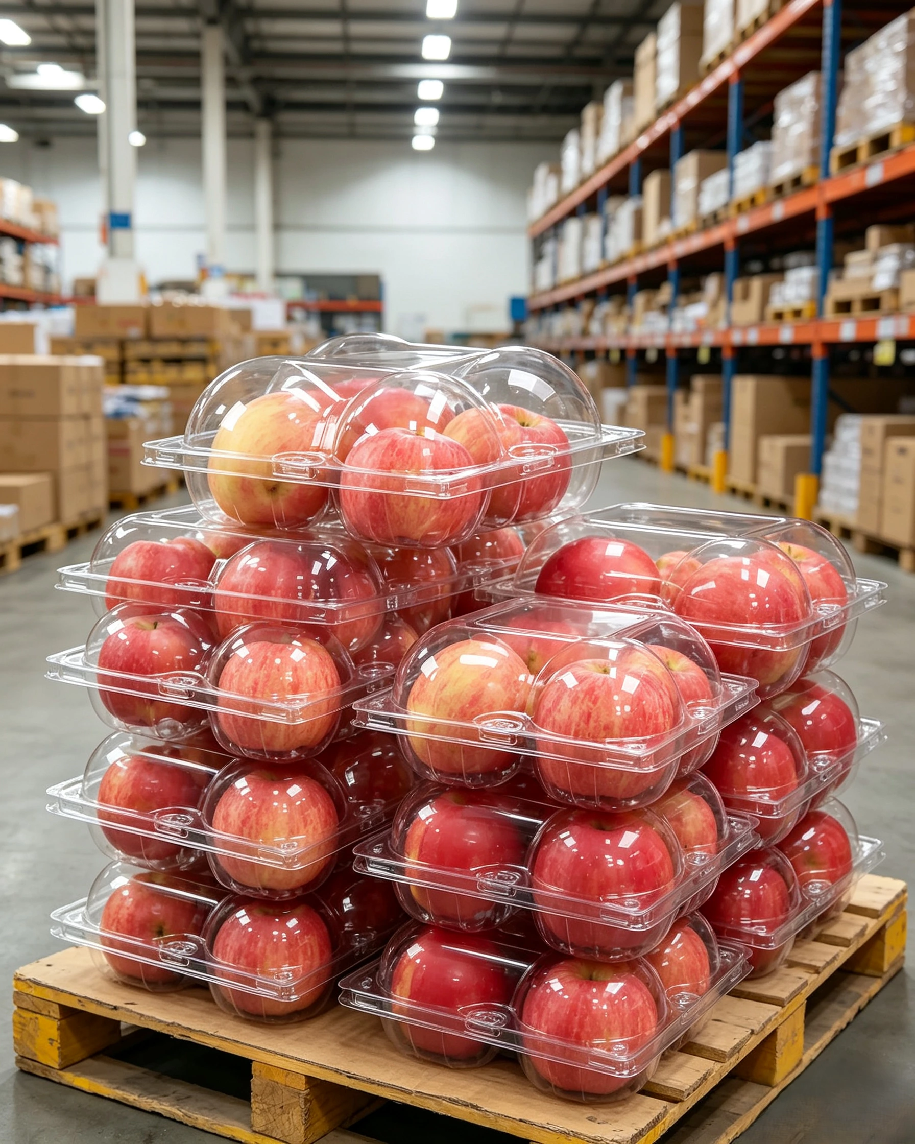 Stacked apple clamshell packaging for wholesale warehouse display