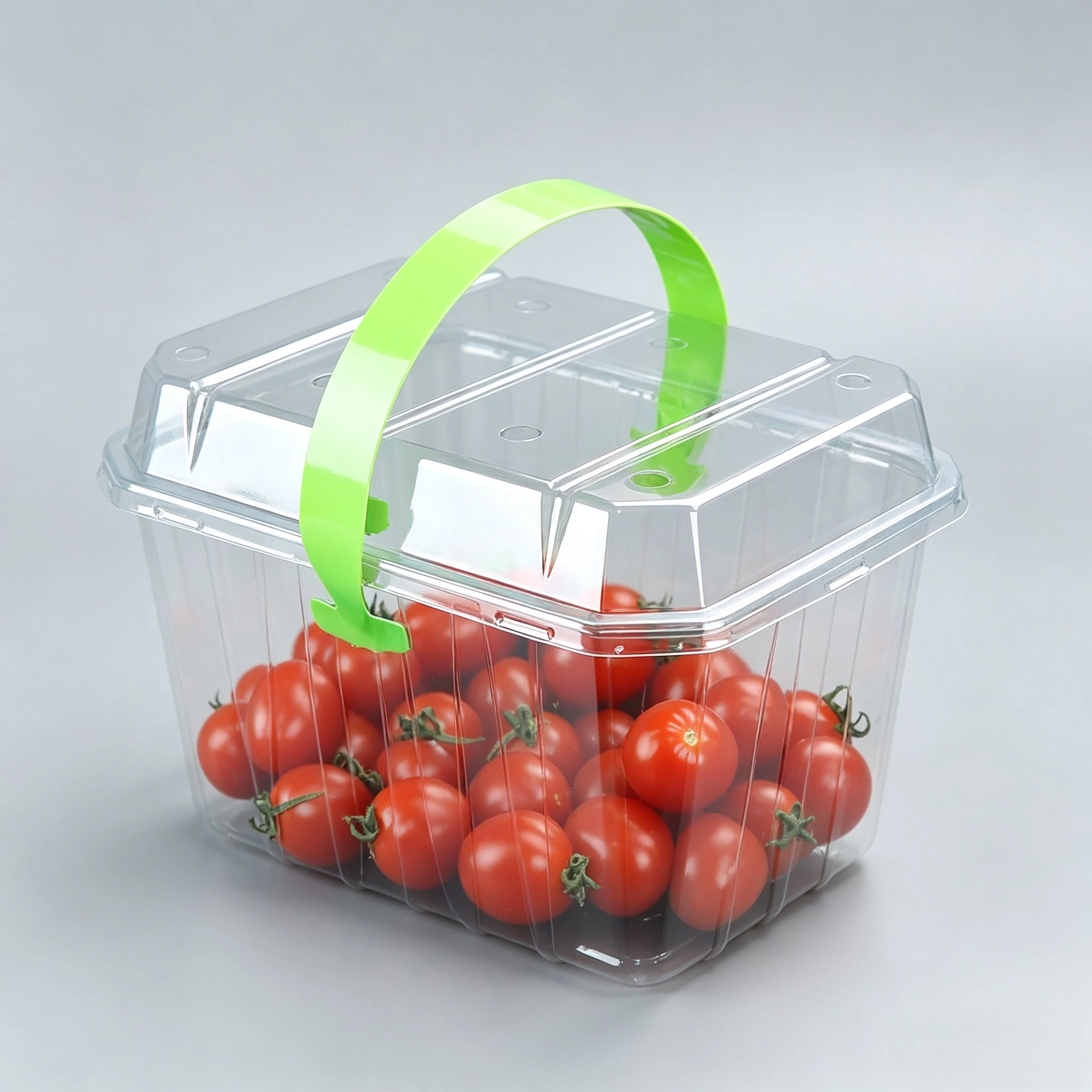 Portable Clear PET Fruit Box with Handle Disposable Transparent Cherry Tomato Plastic Packaging Box