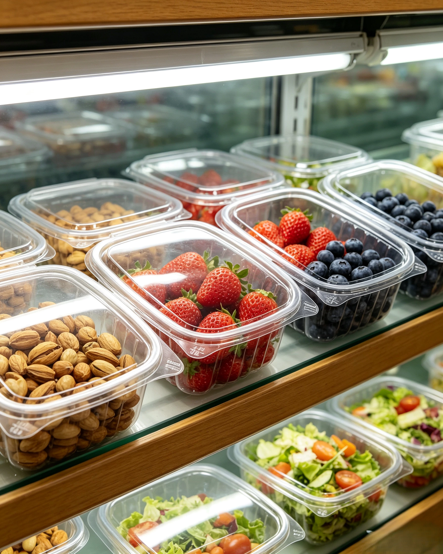16oz PET hinged clamshell container displayed in Whole Foods grocery store