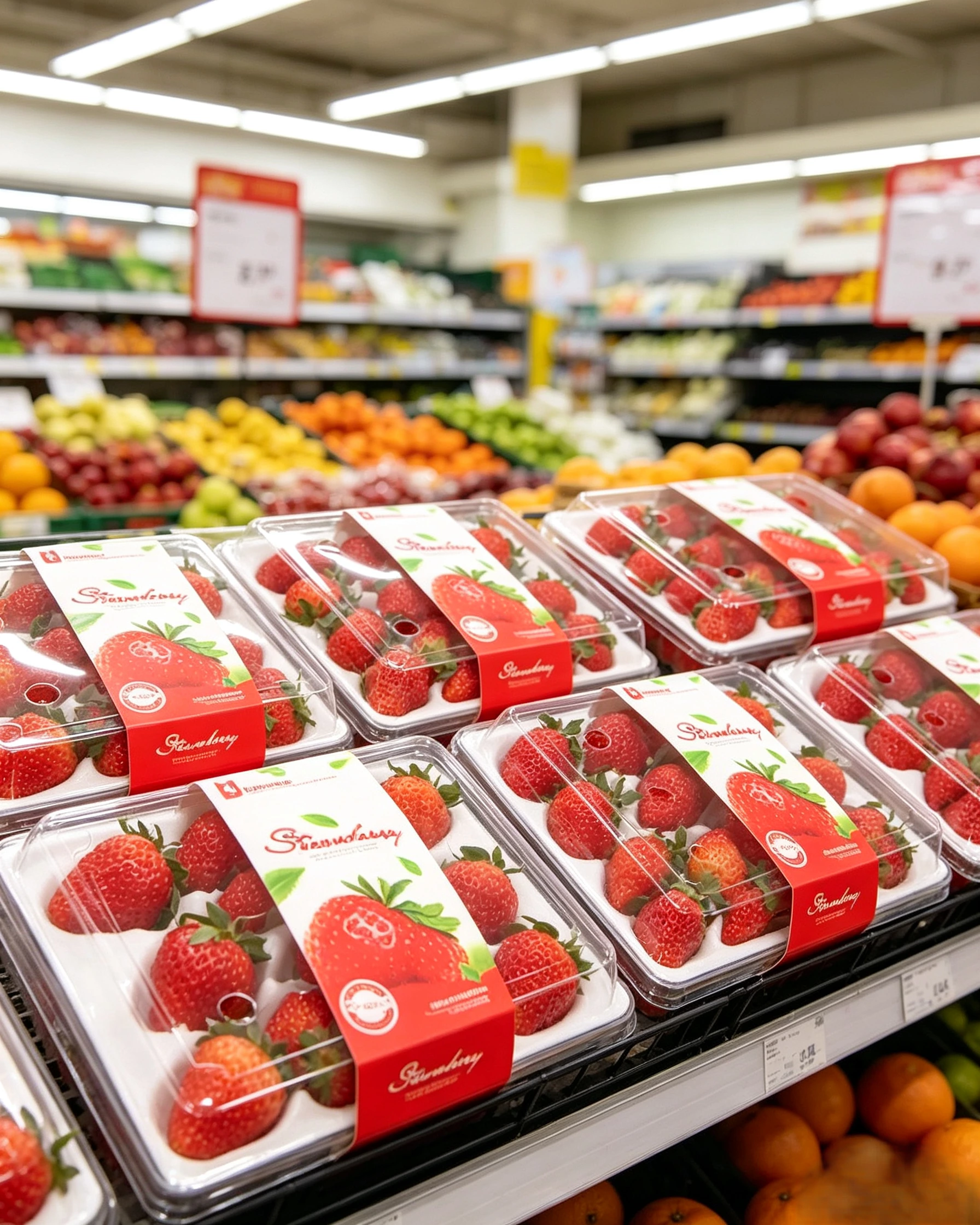 Strawberry clamshell packaging displayed in grocery store