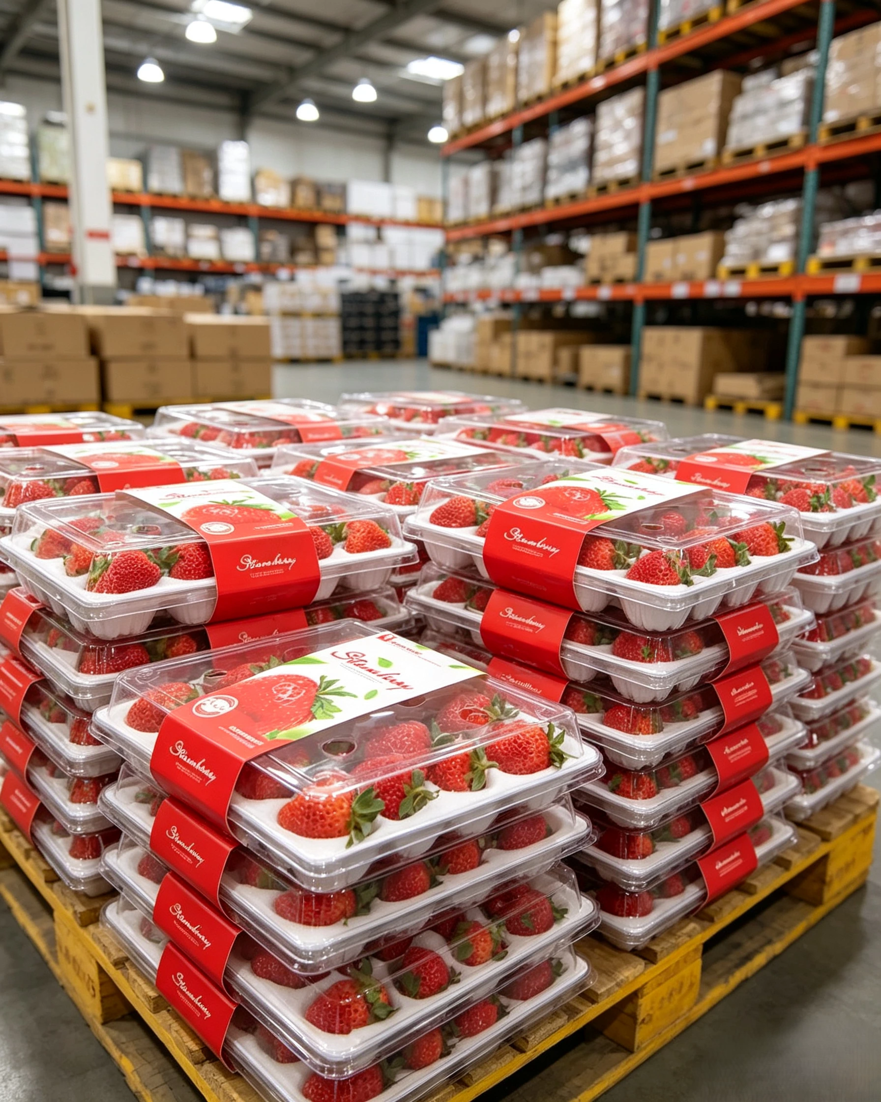 Stacked strawberry clamshell packaging for wholesale warehouse display