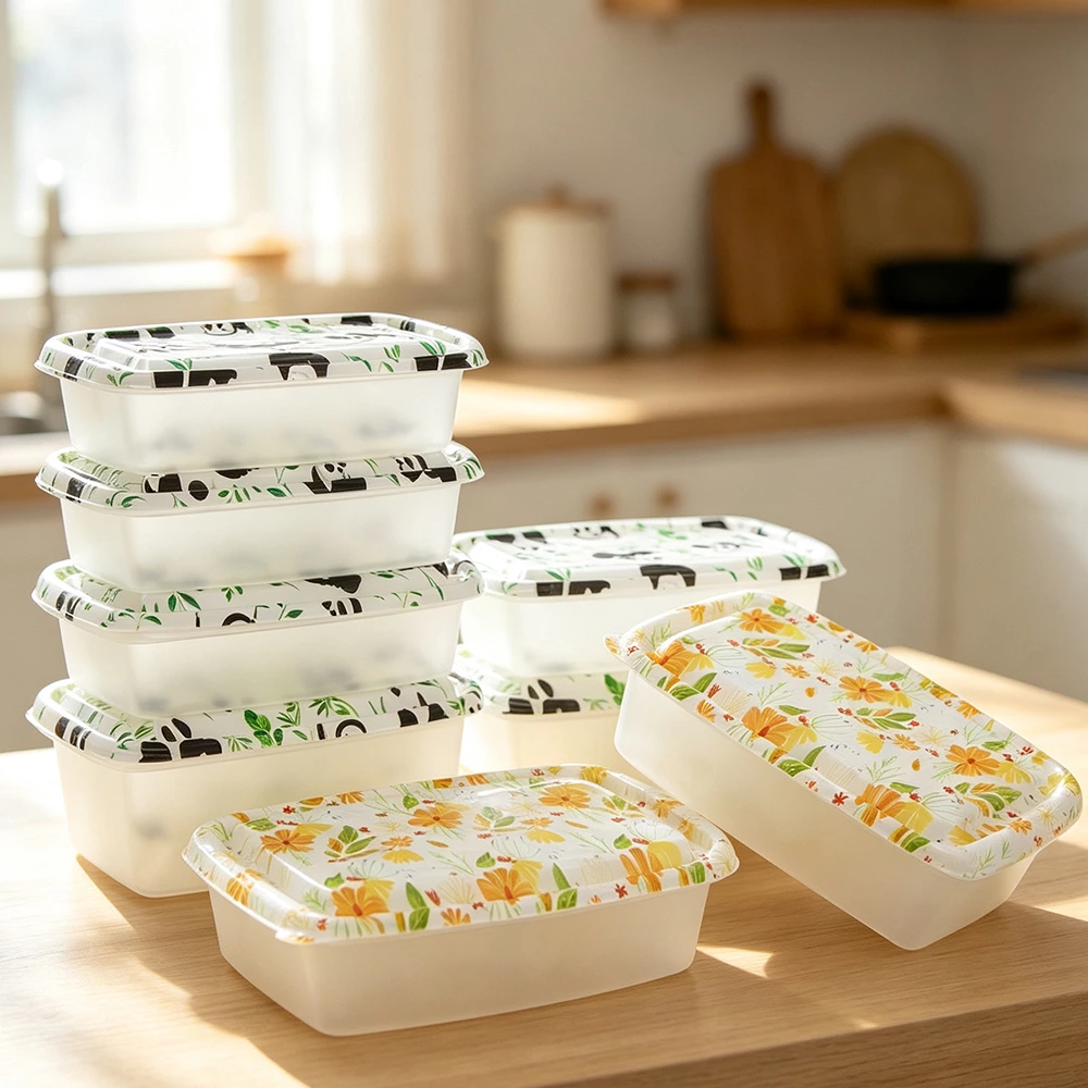 Printed PP separate lid food containers displayed in Walmart deli section, retail bundle with paper sleeve