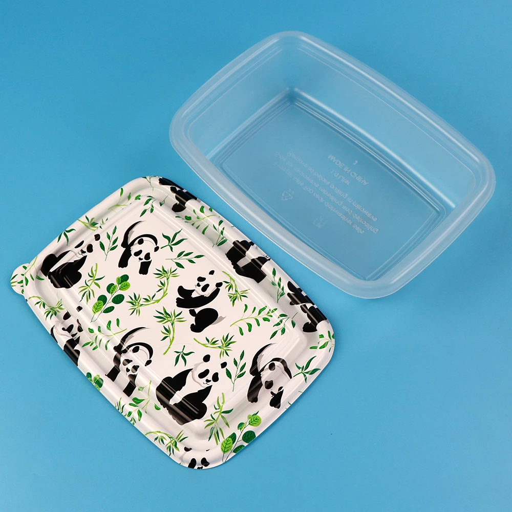 Printed PP food container with separate lid, natural translucent PP base, panda bamboo printed lid, Walmart approved retail packaging