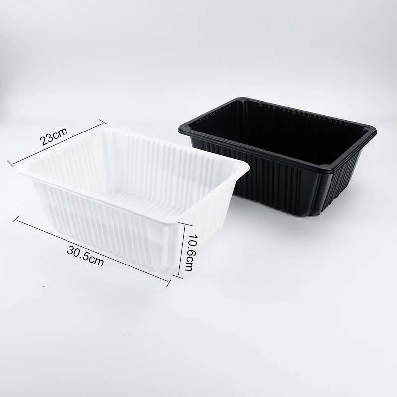 White and black large deep PP heat seal tray with dimension marking, vertical rib sidewall