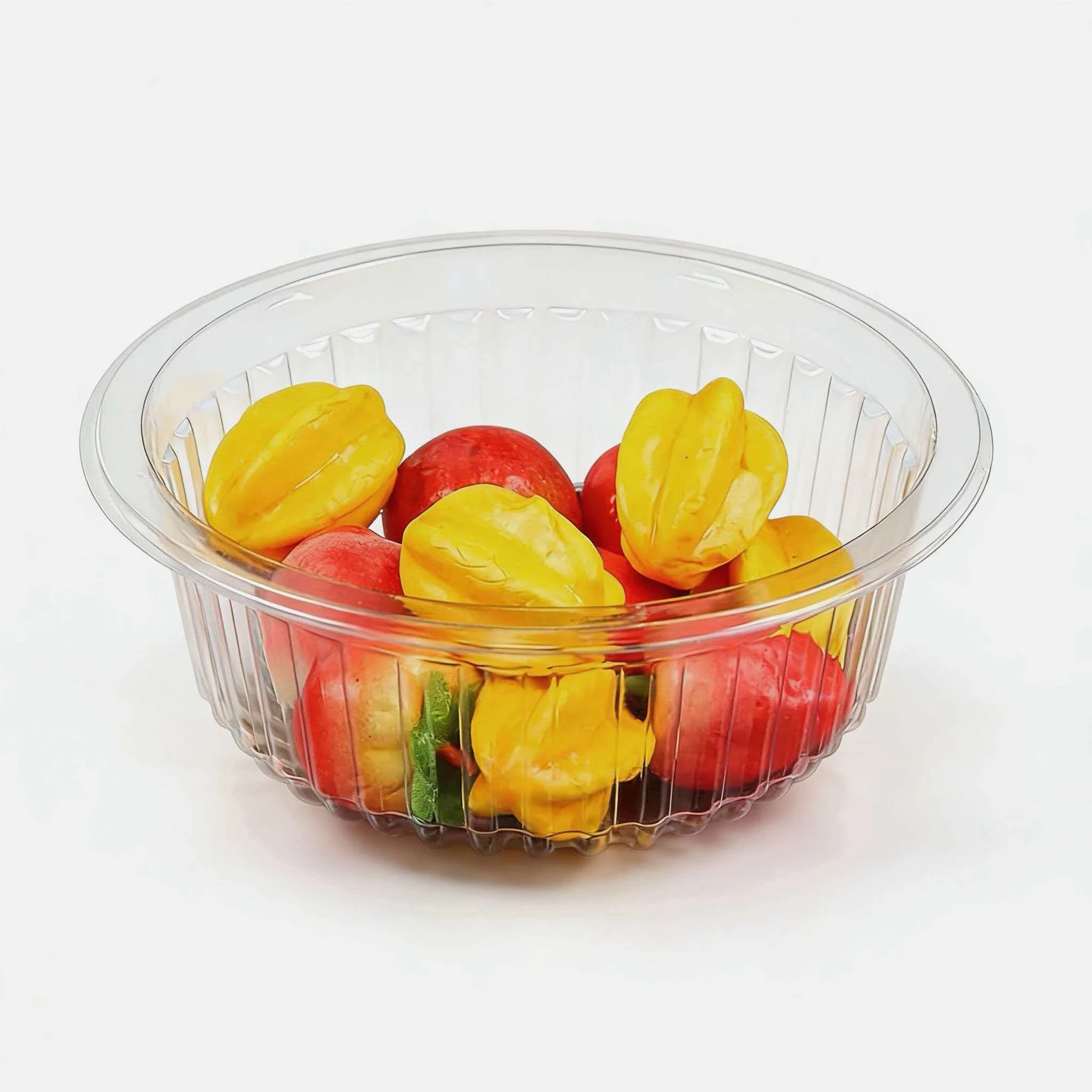 Clear ribbed PET round fruit salad bowl filled with fresh fruits, bowl only without lid