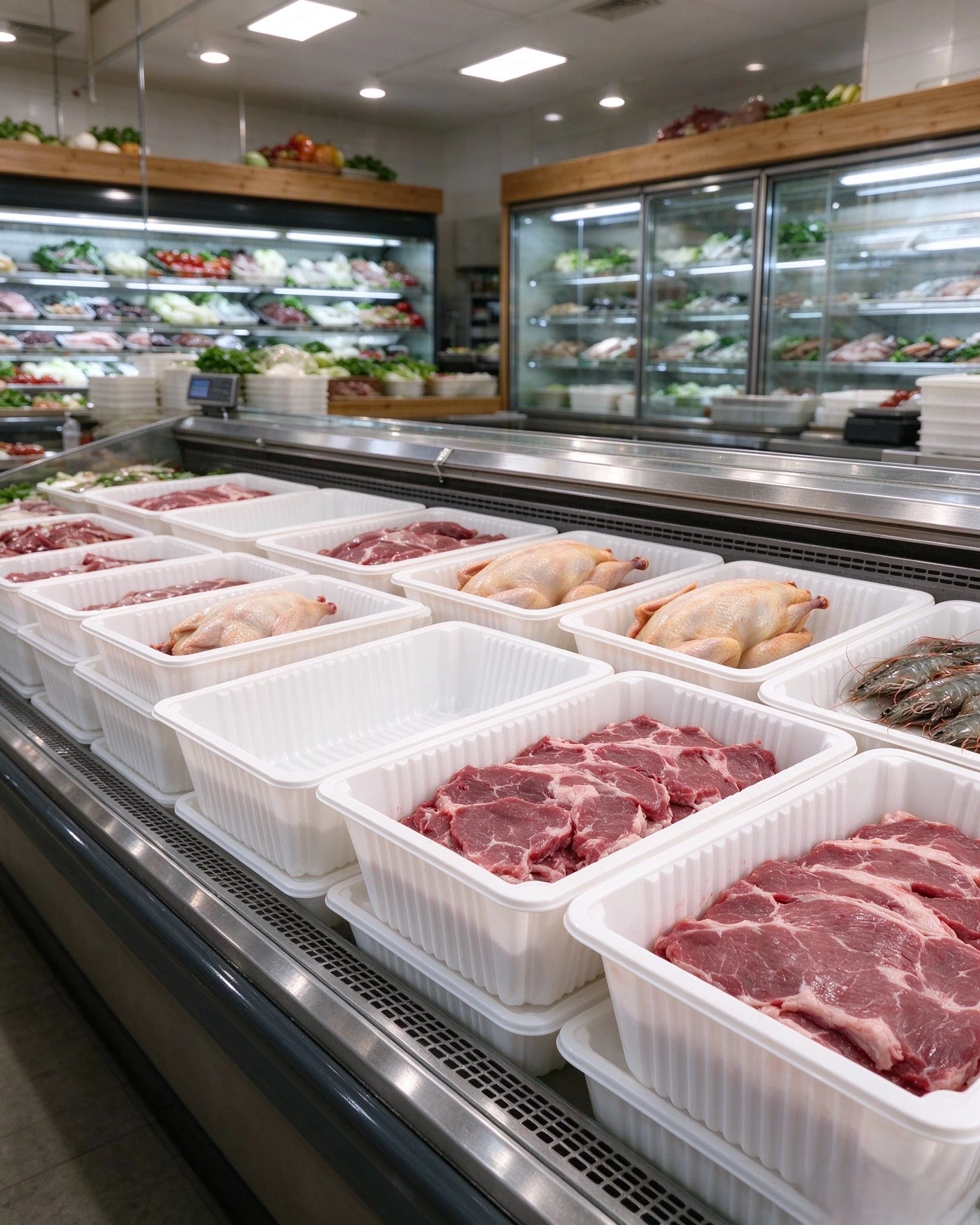 Large deep PP trays used in supermarket fresh food section, packed heavy food display