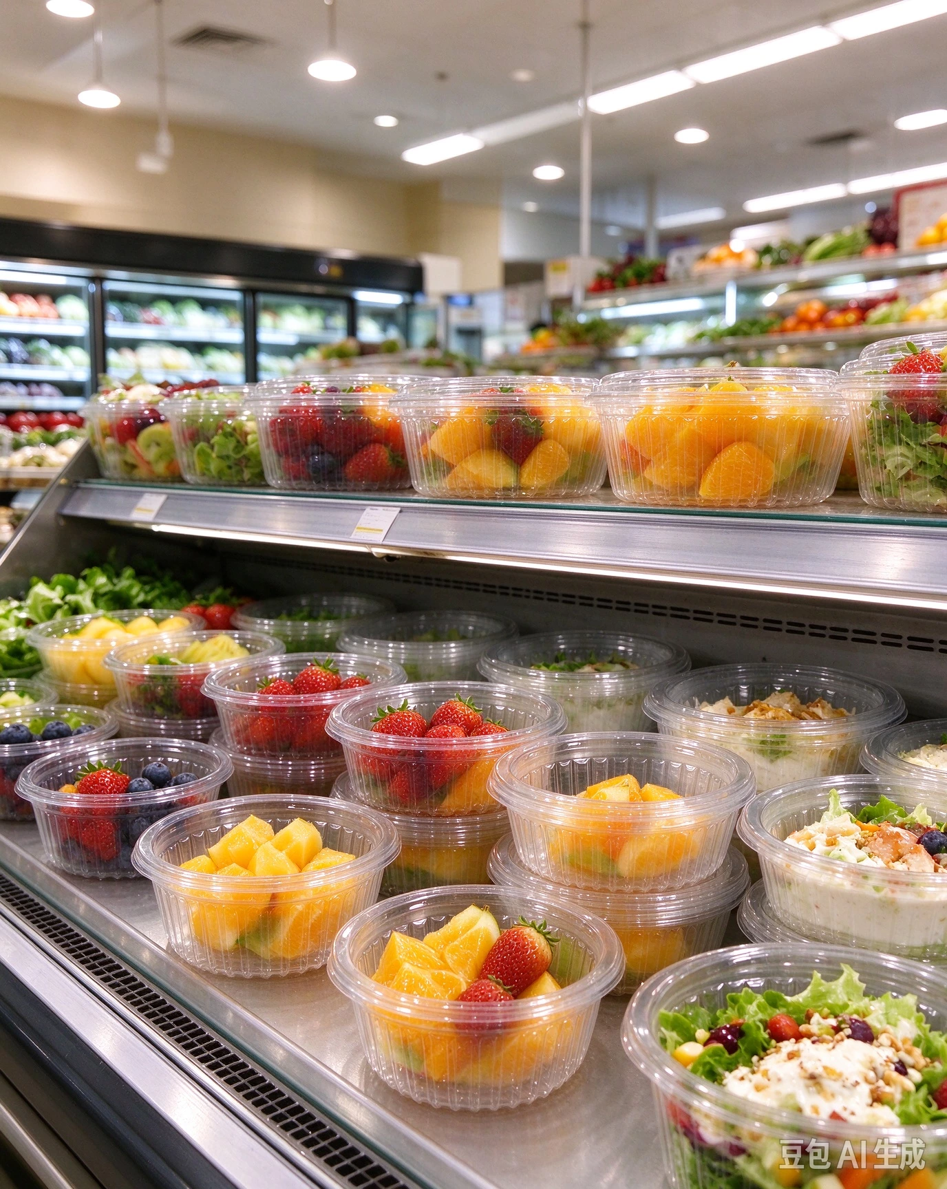 PET round fruit salad bowls displayed on supermarket fresh produce shelf, filled with mixed fresh cut fruits, bowl only