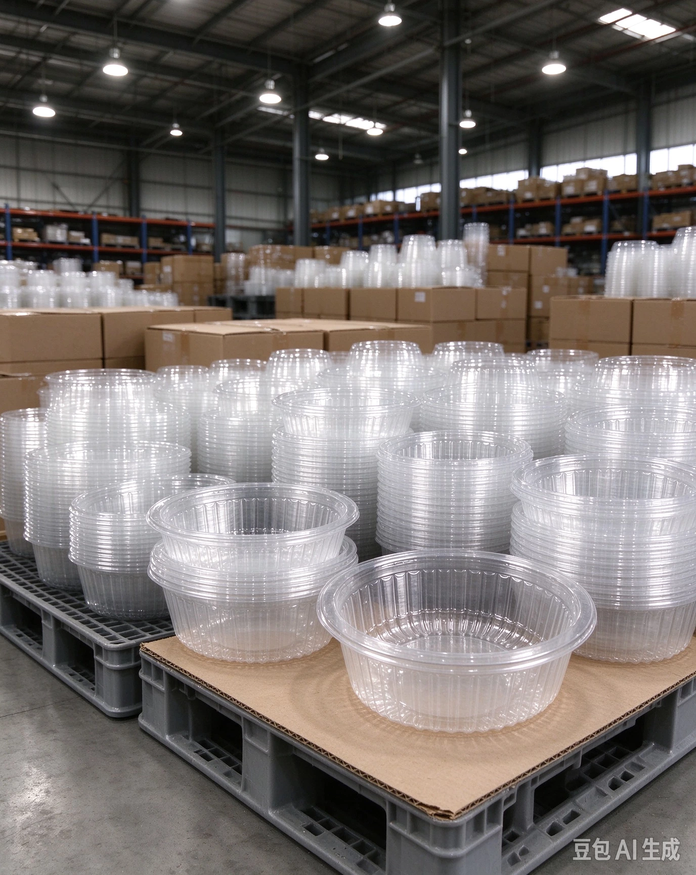 Bulk stacked empty PET round fruit salad bowls in factory warehouse on pallet, bowl only no lid