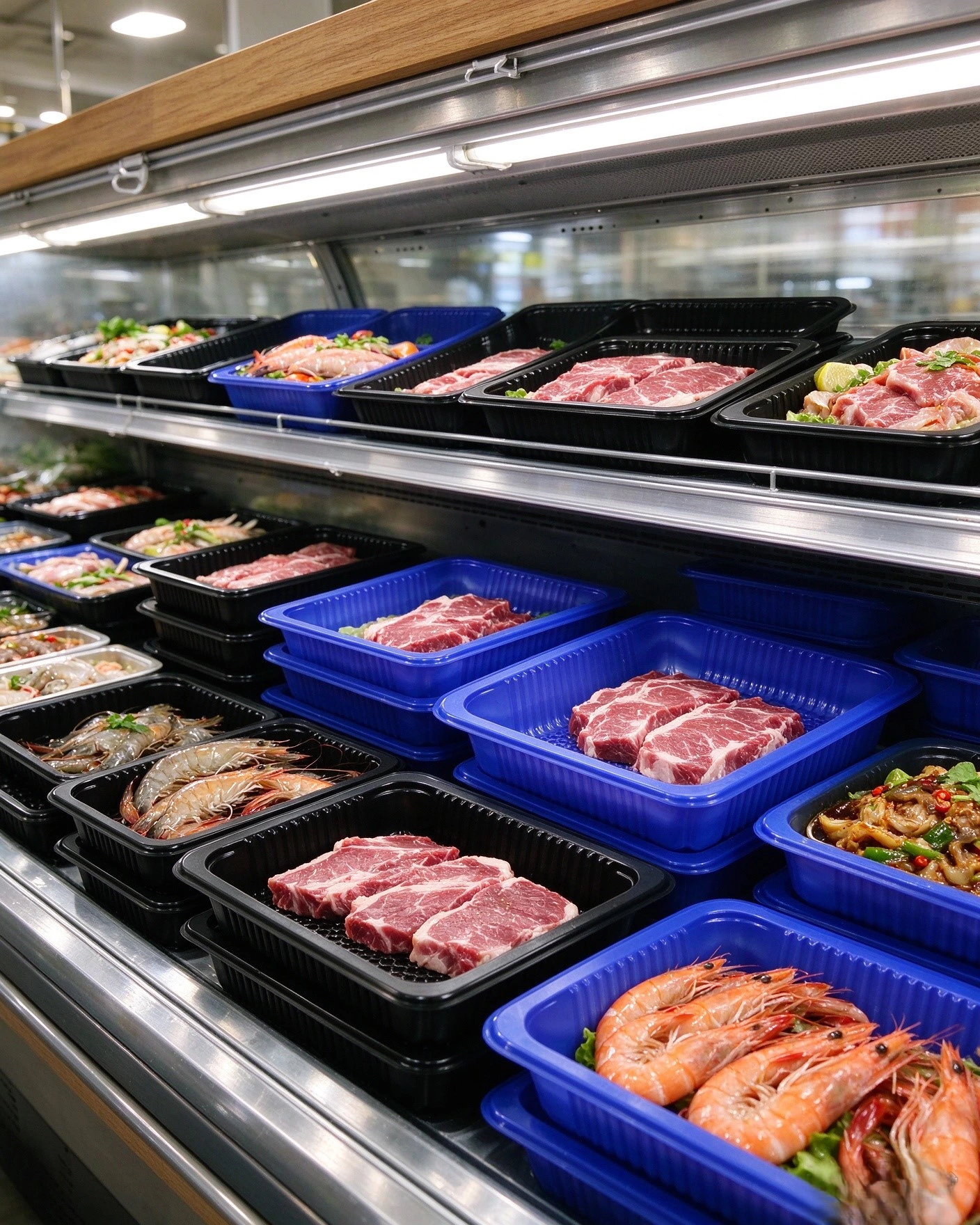 PP food trays displayed in supermarket fresh food section
