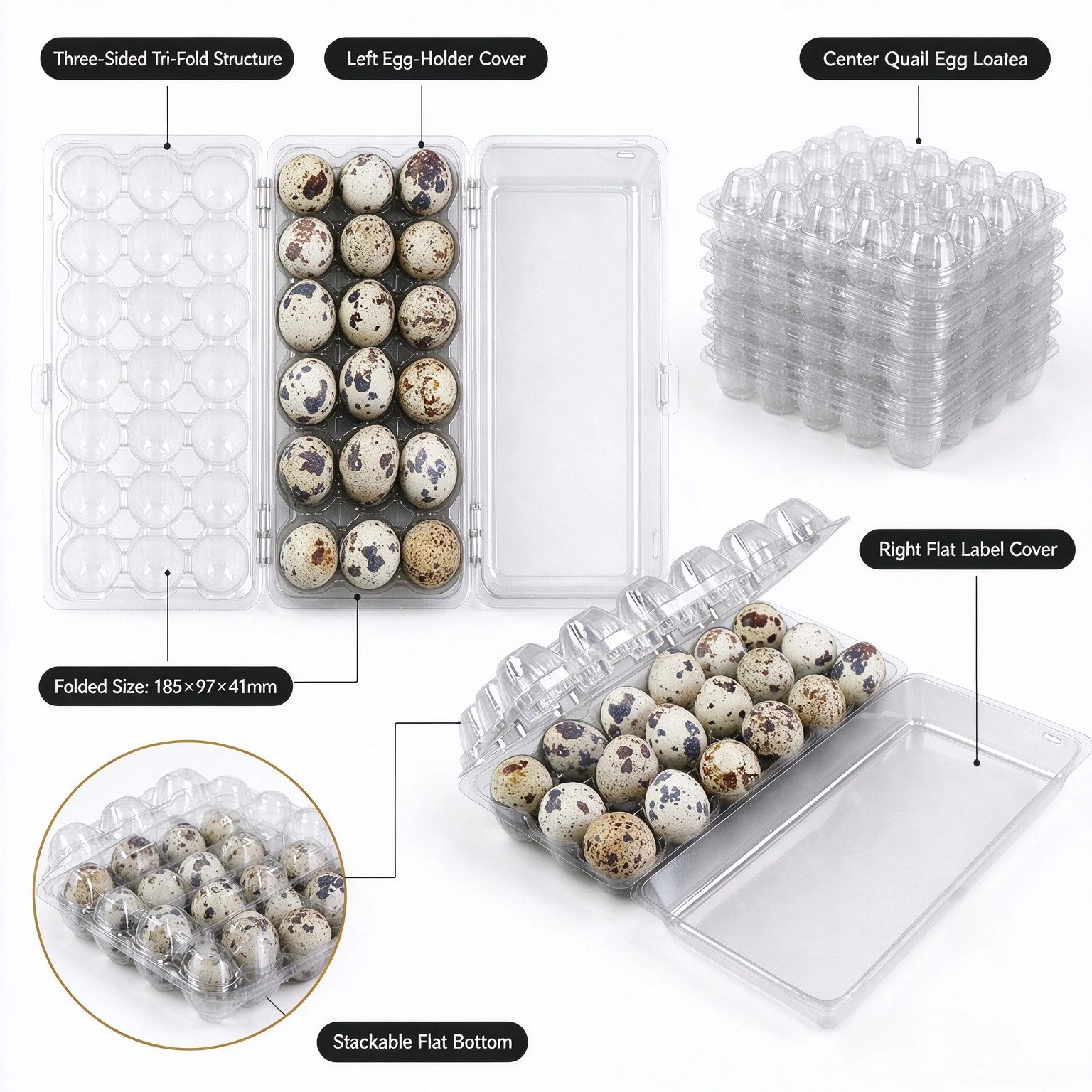 Tri-fold 18 cavity PET quail egg tray, open status, left egg cavity panel, middle with quail eggs, right flat cover