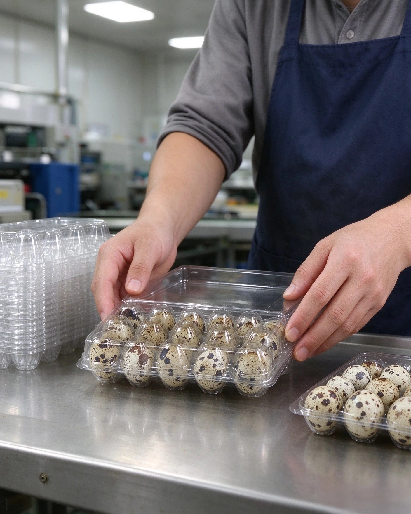 Bulk stacked empty tri-fold quail egg trays stacked on pallet inside factory warehouse